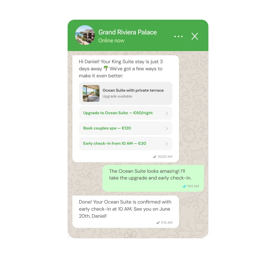 chatlyn pre-arrival upsell message on WhatsApp