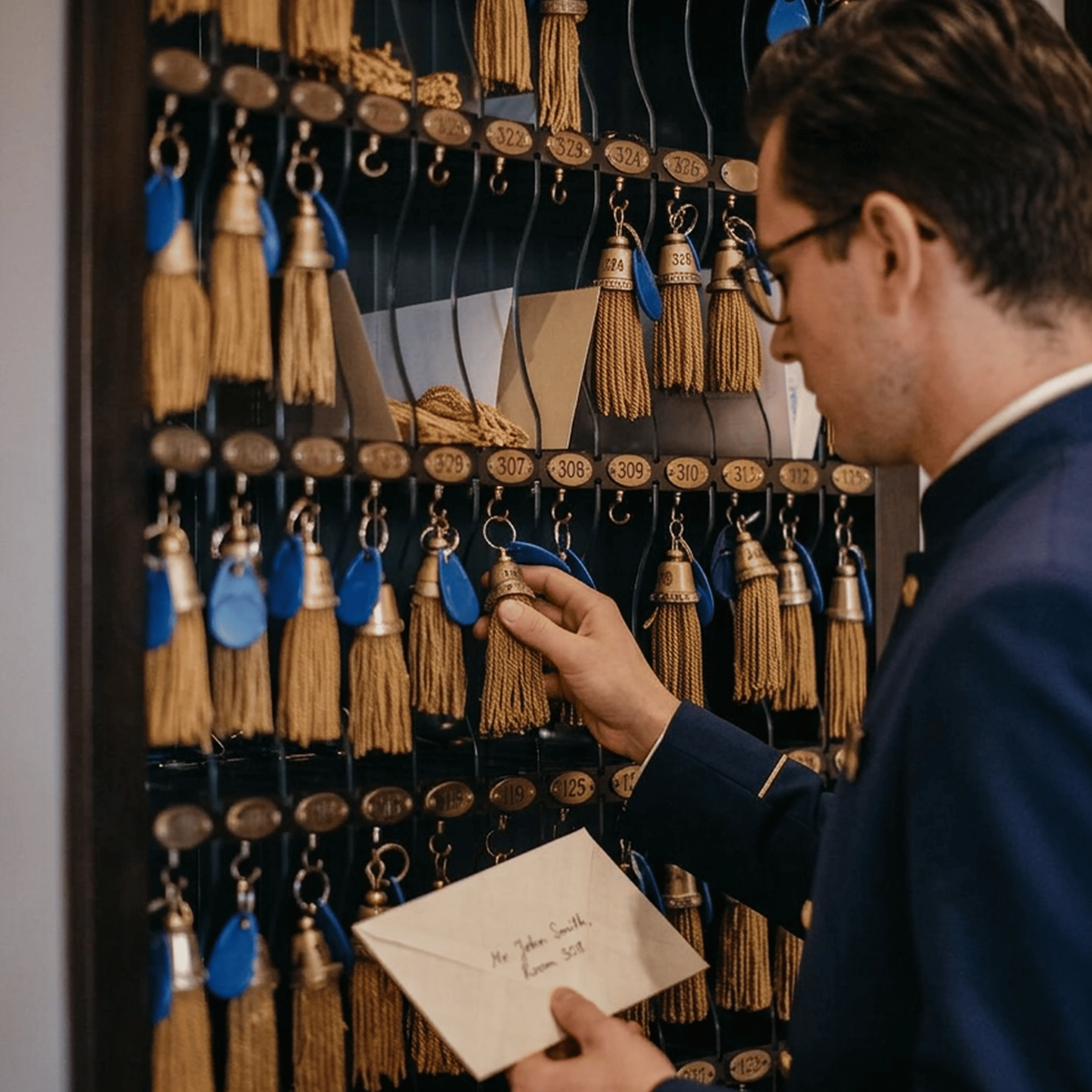 Rows of room keys behind a hotel front desk